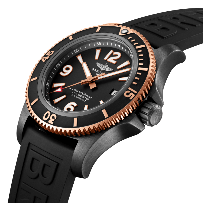 Sporty, colorful and bold, the Superocean Automatic 46 is designed for daring men looking for a sports watch combining exceptional performance with contemporary style. It is up to any challenge: dive with it, surf with it or swim with it! The Superocean Automatic 46 features a sturdy 46mm DLC-coated stainless-steel case, colorful dials and a color-matching rubber strap that fits either a DLC-coated stainless-steel pin buckle or folding clasp. Not only ready for the challenges of the deep seas (up to 200 bar / 2000 meters), the bold Superocean Automatic 46 will also attract those whose adventures are a little closer to the shore.