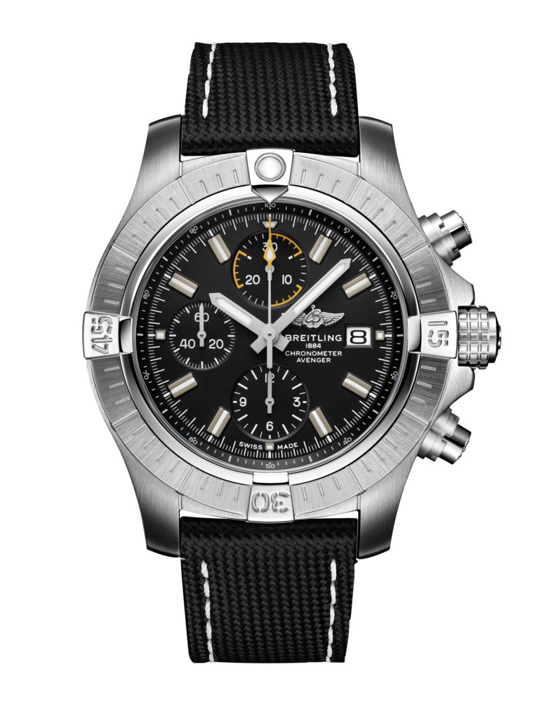 Avenger Chronograph 45, Stainless steel - Black
Bold, extremely robust and shock resistant, the Avenger Chronograph 45 combines precision with a powerful design. As a true Breitling Avenger, it can be used wearing gloves and offers unrivalled safety and reliability to any airborne adventurer.