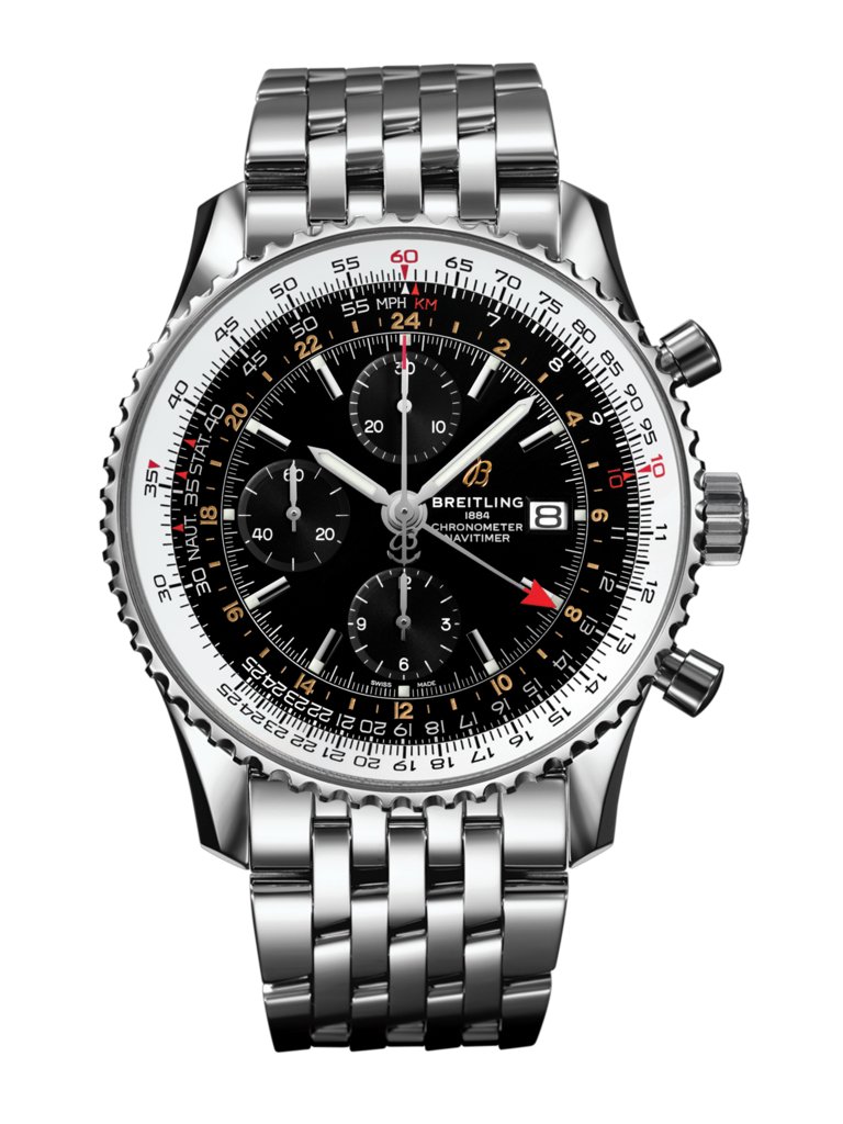 Navitimer Chronograph GMT 46, Stainless steel - Black
Ever ready for takeoff, the Navitimer World travel watch features an extremely practical and easily readable dual timezone system.