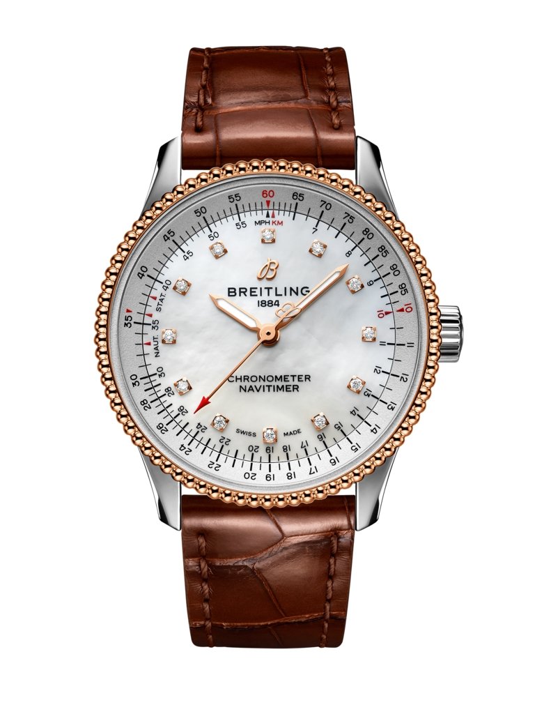 Navitimer Automatic 35, Stainless steel & 18k red gold - Mother-of-pearl
Refined and elegant, the Navitimer Automatic 35 combines the historic appeal of a true icon with the sophistication of a contemporary timepiece.