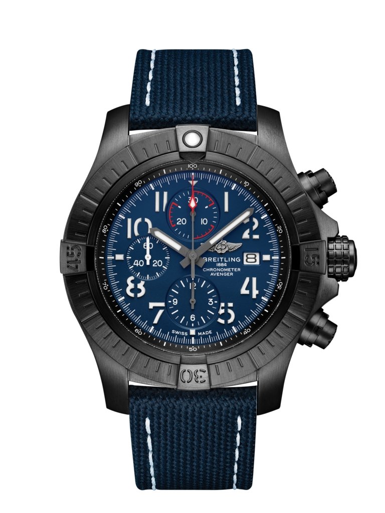 Super Avenger Chronograph 48 Night Mission, DLC-coated titanium - Blue
Bold, extremely robust and shock resistant, the Super Avenger Chronograph 48 Night Mission makes a big “here I am” statement with its strong but lightweight case. As a true Breitling Avenger, it can be used wearing gloves and offers unrivalled safety and reliability to any airborne adventurer.